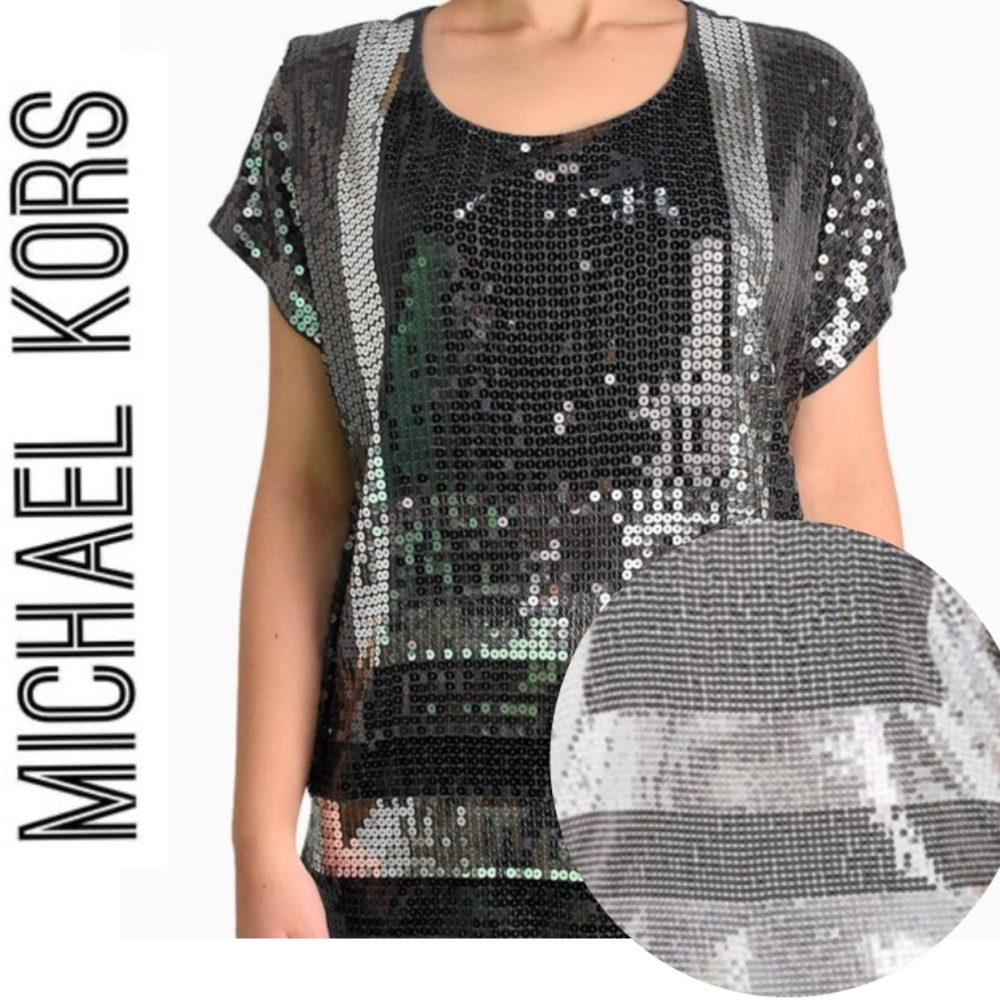 Michael Kors Silver Sequin Viscose Loose Flowy Dressy Tee T-Shirt Top Blouse S‎